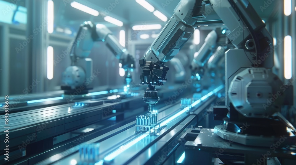 Advanced robotic arms assembling products in a futuristic factory Advanced robotic arms assembling products in a futuristic factory