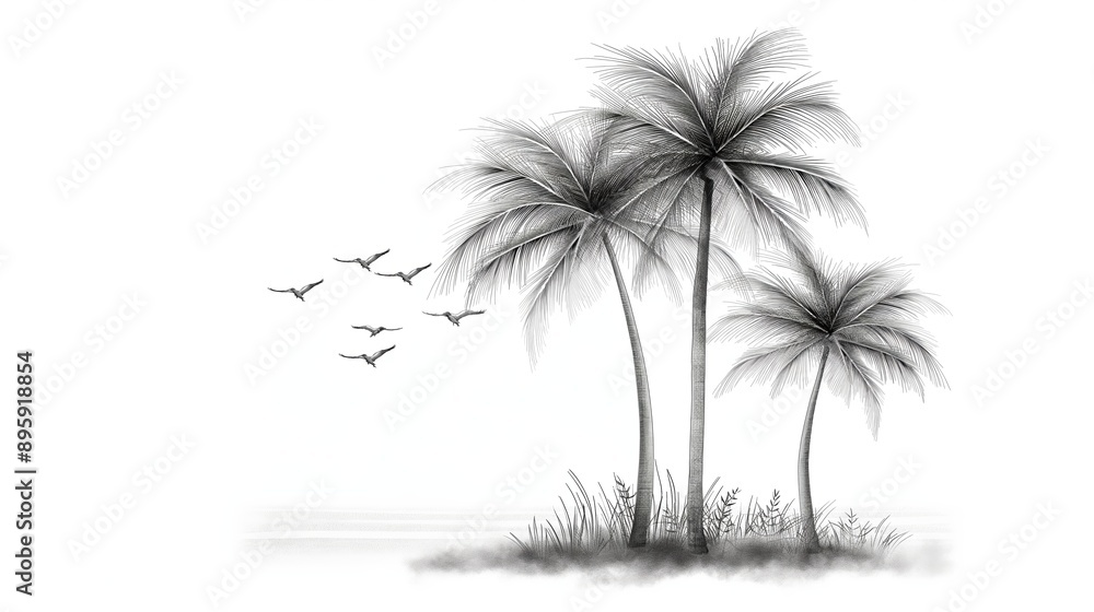 custom made wallpaper toronto digitalA palm tree with birds, tropical wildlife, ink drawing, detailed, isolated on white background