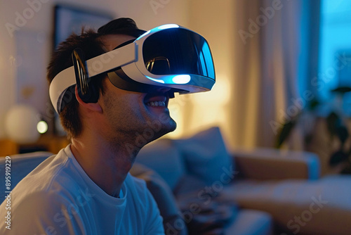 Man Enjoying Virtual Reality Experience in Cozy Home Setting,Immersive VR Gaming with Headset