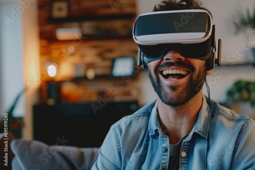 Man Enjoying Virtual Reality Experience in Cozy Home Setting,Immersive VR Gaming with Headset