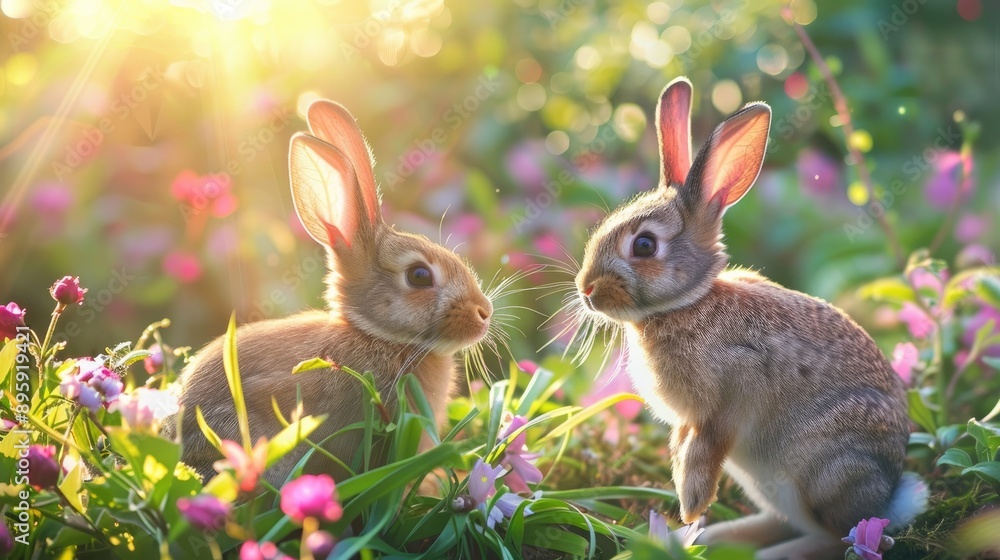 Cute bunnies hopping around in a blooming spring garden Cute bunnies hopping around in a blooming spring garden