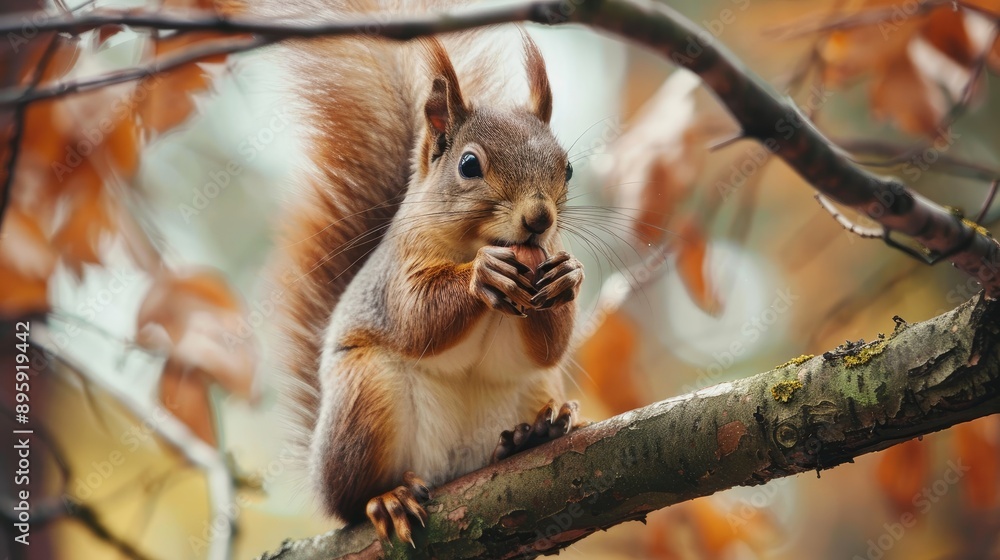 Cute squirrel nibbling on a nut while perched on a tree branch Cute squirrel nibbling on a nut while perched on a tree branch