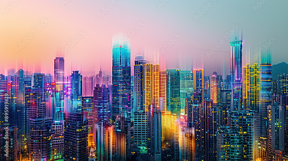 Obraz premium Colorful city skyline at sunset