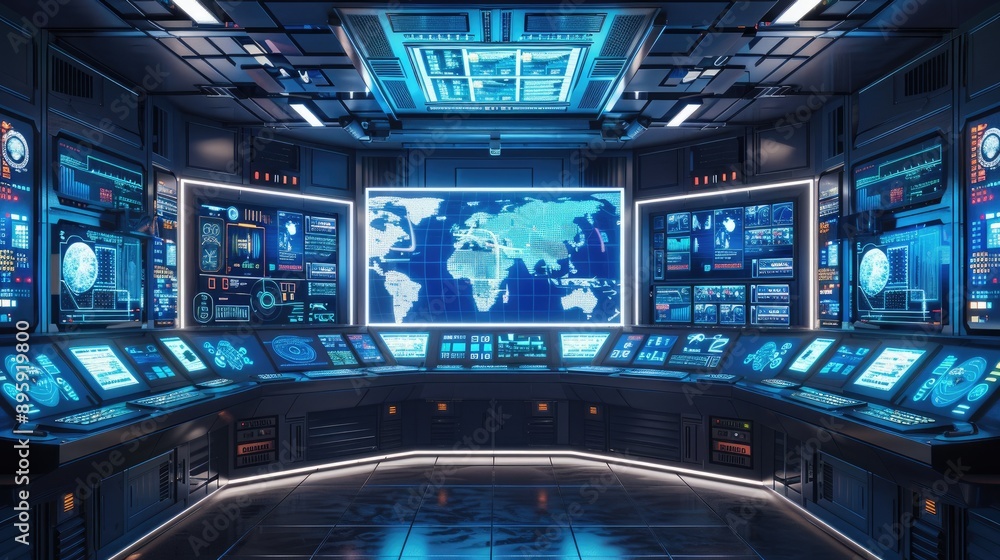 High-tech industrial control room with digital screens and data displays High-tech industrial control room with digital screens and data displays