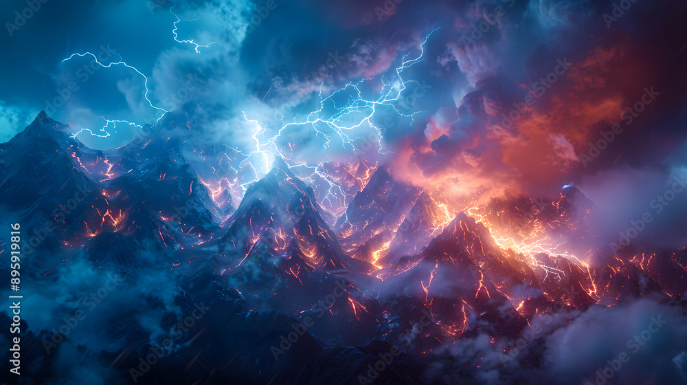 Dazzling lightning bolt illuminates majestic mountain landscape in awe inspiring spectacle Dazzling lightning bolt illuminates majestic mountain landscape in awe inspiring spectacle