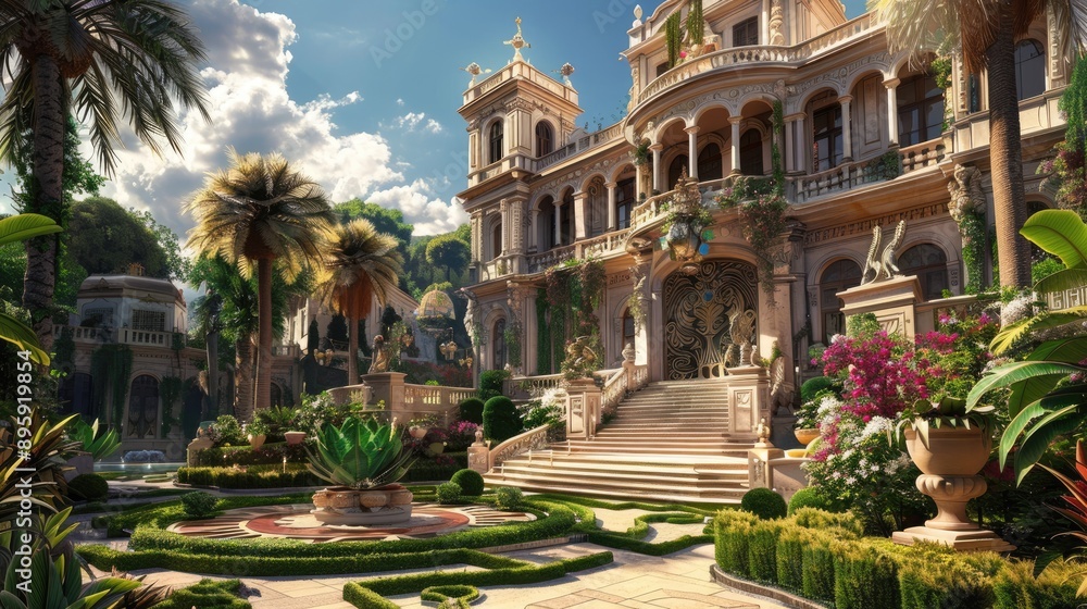Lavish palace with rich architectural decorations and elaborate gardens Lavish palace with rich architectural decorations and elaborate gardens