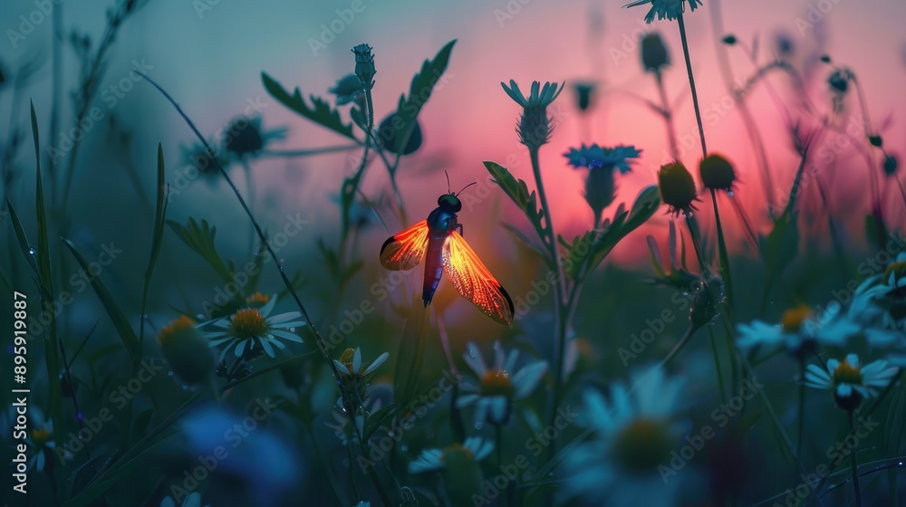 Luminescent firefly glowing in the twilight among wildflowers Luminescent firefly glowing in the twilight among wildflowers