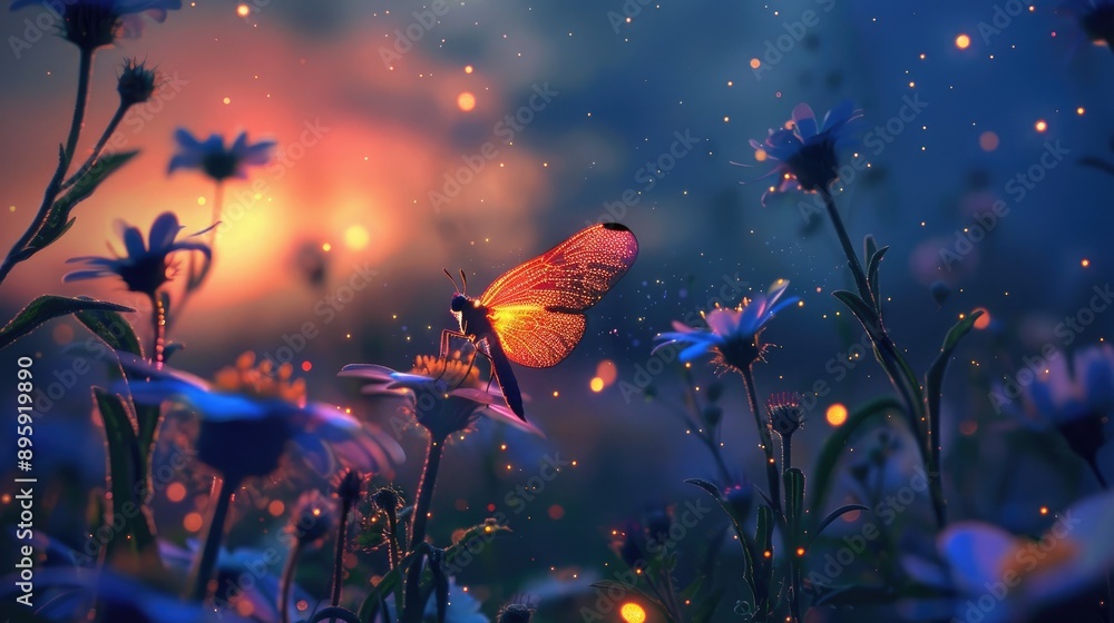 Luminescent firefly glowing in the twilight among wildflowers Luminescent firefly glowing in the twilight among wildflowers
