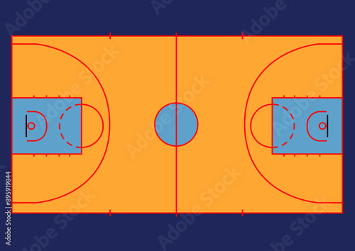 Schéma vue du dessus, d’un terrain de basketball à l’intérieur d’un gymnase.