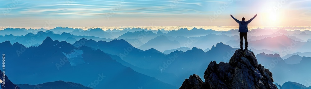 Man Standing on Mountain Peak with Arms Raised Overlooking Stunning Mountain Range at Sunrise Man Standing on Mountain Peak with Arms Raised Overlooking Stunning Mountain Range at Sunrise