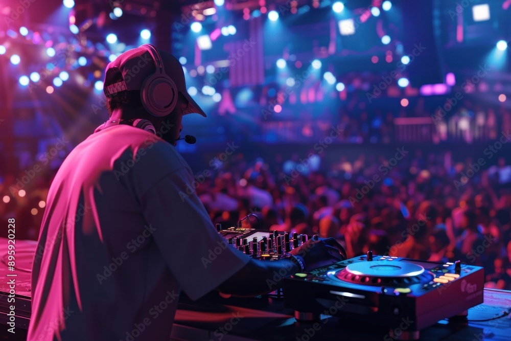 A DJ spinning records at a hip-hop concert, crowd dancing, vibrant stage lights, high-energy scene, Portrait half-body, hyper-realistic, high detail, photorealistic, Key Light, Fill Light A DJ spinning records at a hip-hop concert, crowd dancing, vibrant stage lights, high-energy scene, Portrait half-body, hyper-realistic, high detail, photorealistic, Key Light, Fill Light