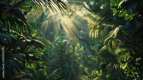 Fototapeta Naklejka Na Ścianę i Meble -  A serene jungle scene with vibrant foliage and sun rays illuminating the green landscape, creating a peaceful ambiance.