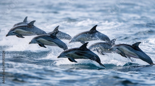 Playful dolphins leaping out of the water in unison
