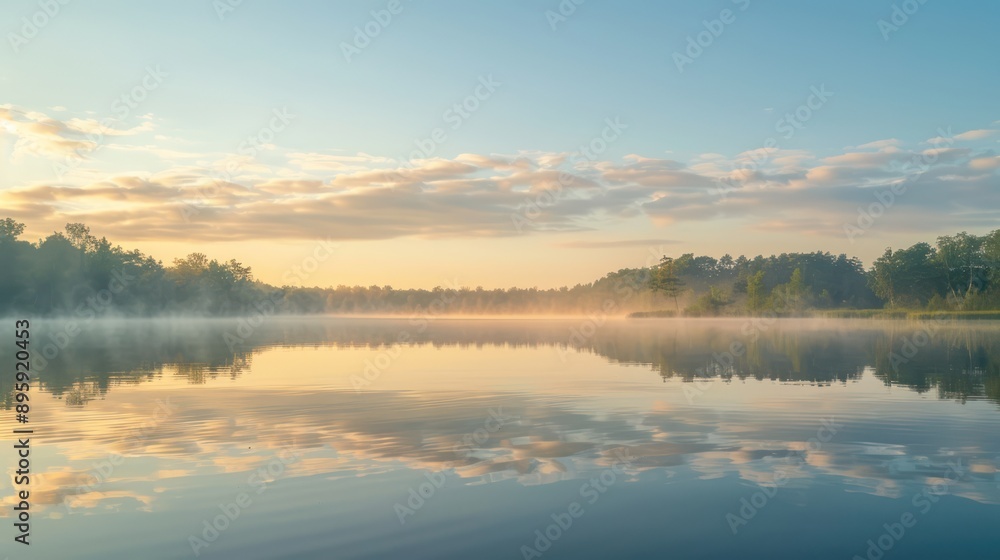 A serene lakeside view with mist rising from the water at sunrise.