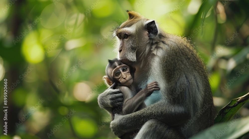 A baby monkey clinging to its mother in a dense jungle