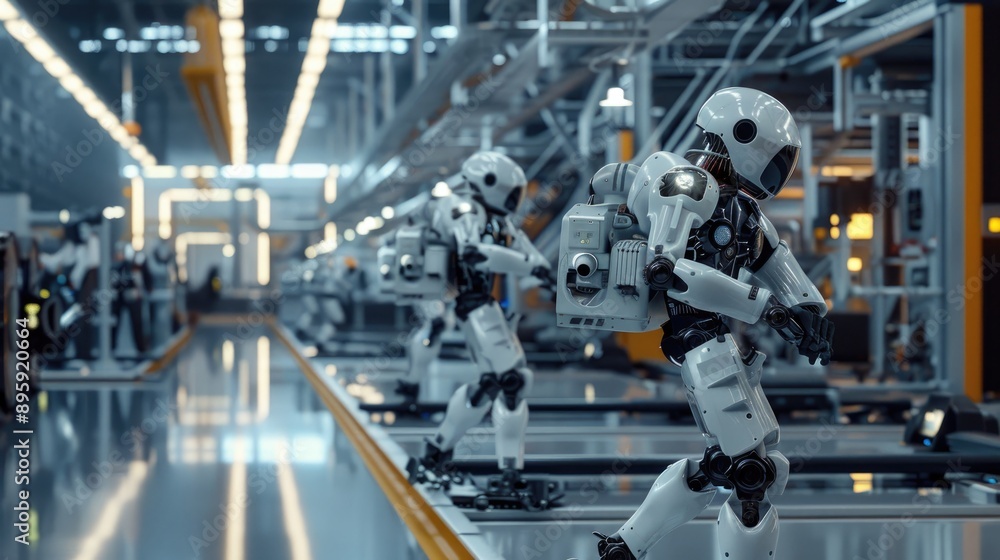 Workers in exoskeleton suits enhancing efficiency in a modern factory Workers in exoskeleton suits enhancing efficiency in a modern factory