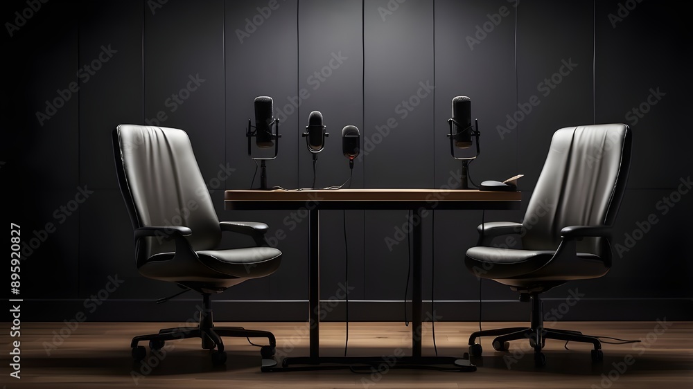 A broad banner for media talks or podcast streamers conceptions with copyspace is created by two seats and microphones in a podcast or interview room against a dark background. A broad banner for media talks or podcast streamers conceptions with copyspace is created by two seats and microphones in a podcast or interview room against a dark background.
