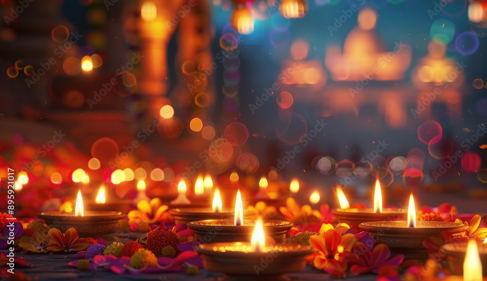 Diwali Night with Candles, Lanterns and Rain on the Street Diwali Night with Candles, Lanterns and Rain on the Street