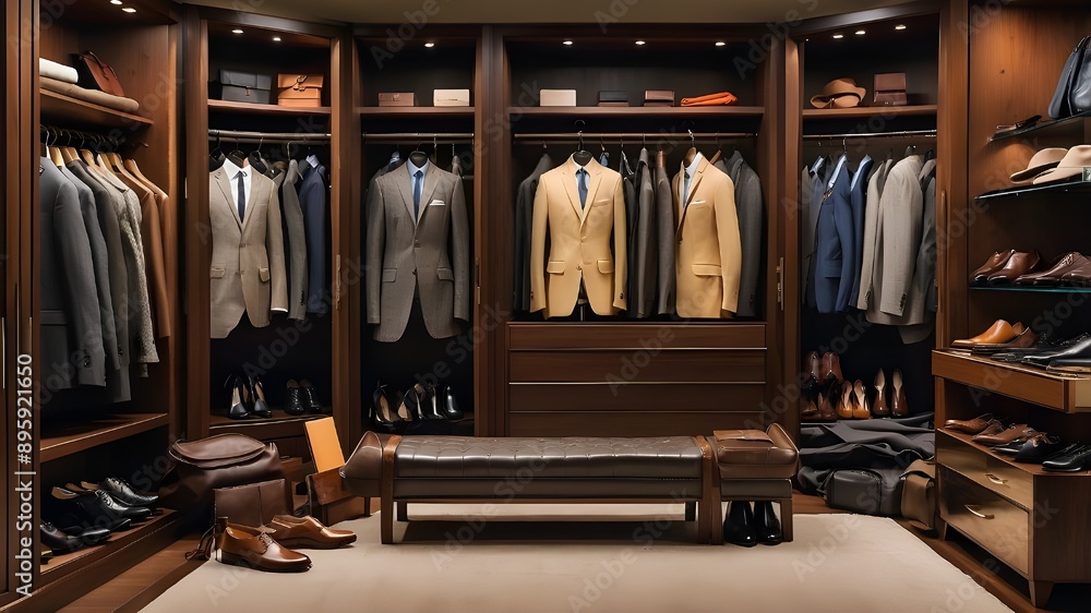an image showing the contents of a high-end men's wardrobe filled with pricey suits, shoes, and other apparel an image showing the contents of a high-end men's wardrobe filled with pricey suits, shoes, and other apparel