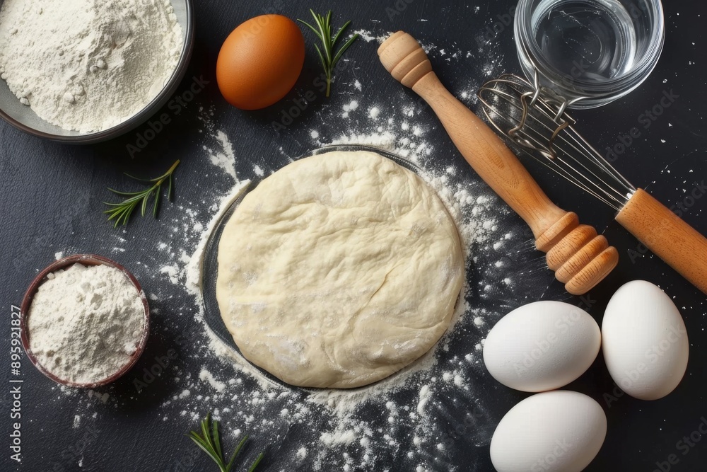 flour and ingredients of baking on black table flour and ingredients of baking on black table