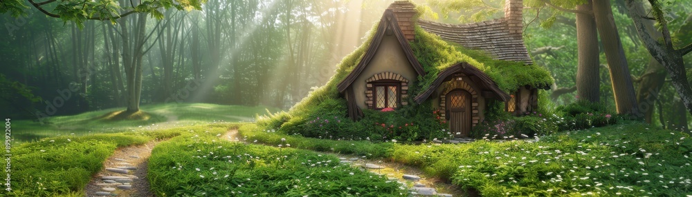 A house with a green roof sits in a lush green field A house with a green roof sits in a lush green field