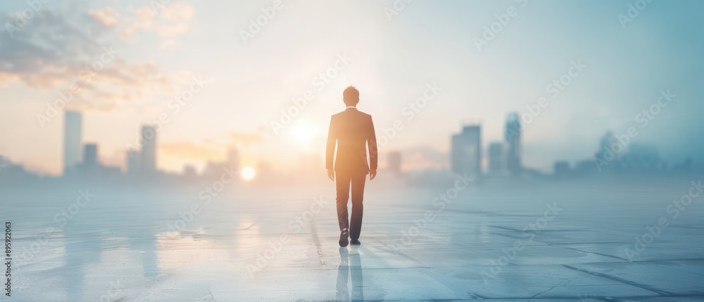 A man walks on a city street at sunset A man walks on a city street at sunset