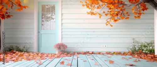A blue door with a white trim sits in front of a white house