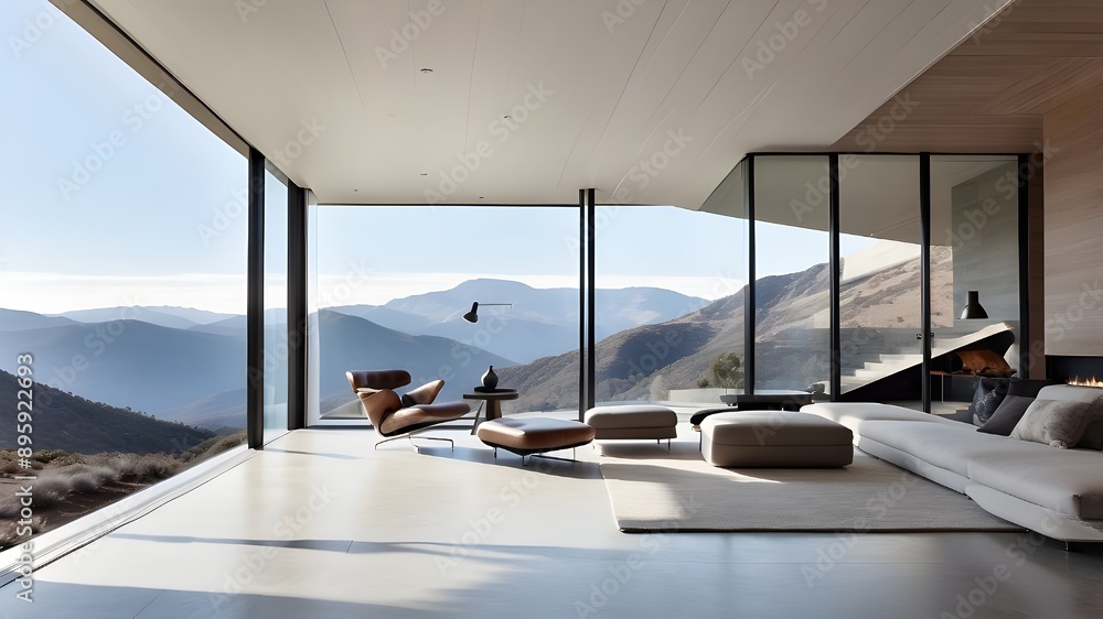 Fototapeta premium A sleek, contemporary residence with a minimalistic appearance. A glass house in the mountains