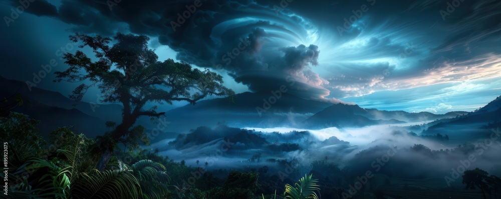 Obraz premium Tropical storm viewed from a cobalt mine, intense natural forces clashing with industrial might