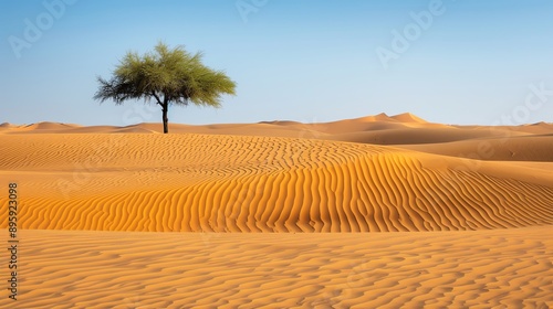 A solitary tree stands resilient amidst the vast, golden sands of a serene desert landscape under a clear blue sky.