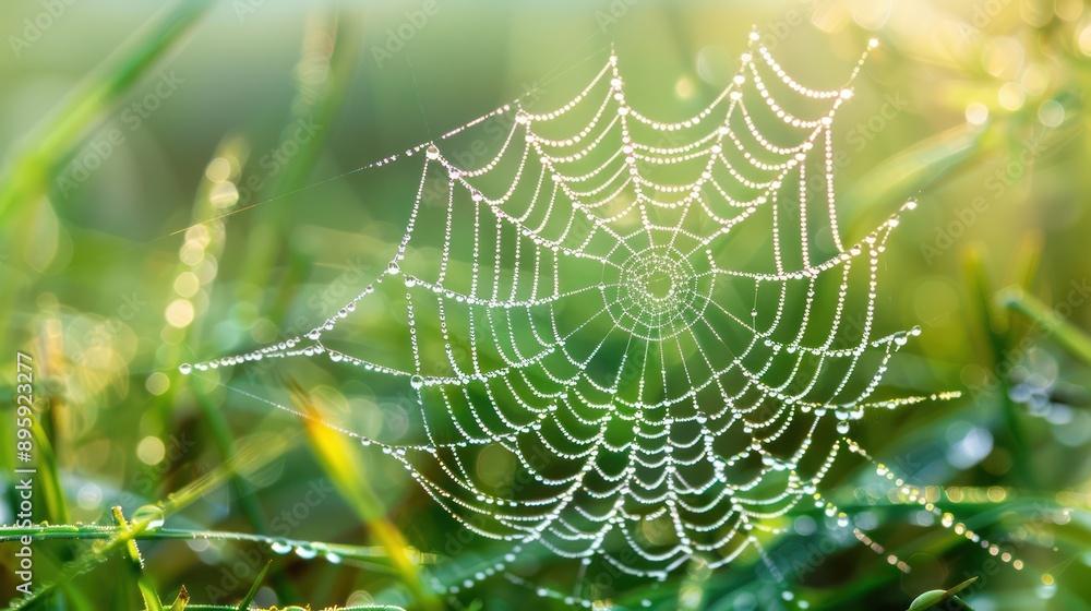 A close-up of a dew-covered spider web glistening in the morning light. A close-up of a dew-covered spider web glistening in the morning light.