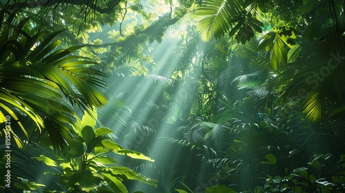 Fototapeta Naklejka Na Ścianę i Meble -  Serene jungle scene with sunlight filtering through lush greenery, creating a peaceful and vibrant atmosphere.
