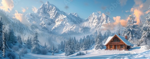 Cozy mountain cabin surrounded by snow-capped peaks, 4K hyperrealistic photo