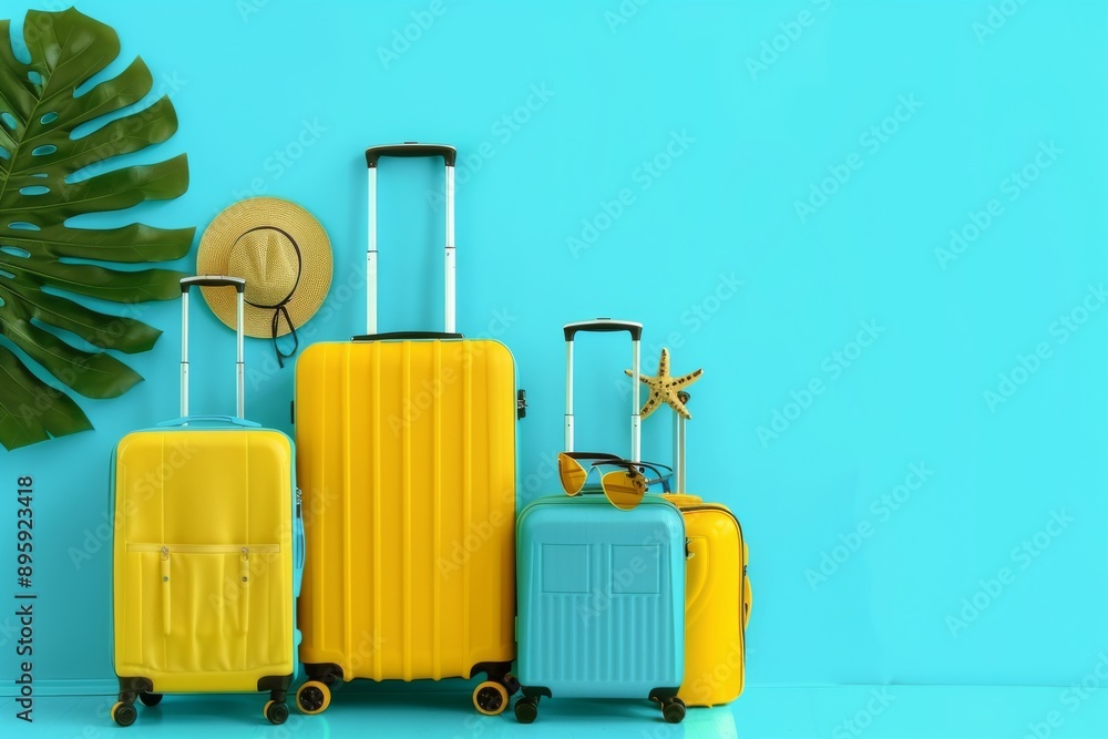 Suitcases with beach accessories on blue background with space for text Suitcases with beach accessories on blue background with space for text