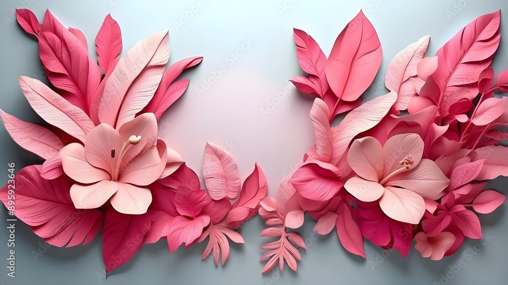 3D effect wall texture with pink tropical foliage and Mother's Day flower design background banner. Pink banana leaves in an abstract feminine style 3D effect wall texture with pink tropical foliage and Mother's Day flower design background banner. Pink banana leaves in an abstract feminine style