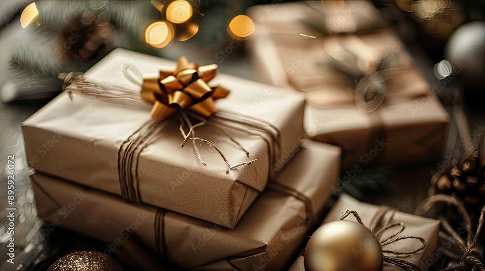 Wrapped Gifts With Gold Bow Wrapped Gifts With Gold Bow