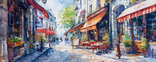 A watercolor painting of a quaint cobblestone street lined with charming shops, cafes, and old-fashioned buildings.