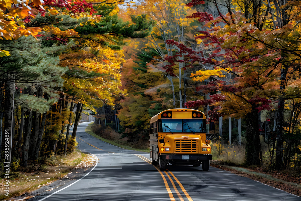Obraz premium Yellow school bus driving on a winding road through a colorful autumn forest, capturing the essence of fall foliage scenery.