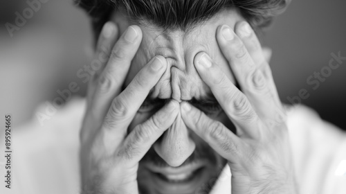 Black and white close-up of a man holding his head in his hands, clearly expressing stress and frustration, symbolizing emotional distress and mental health struggles.