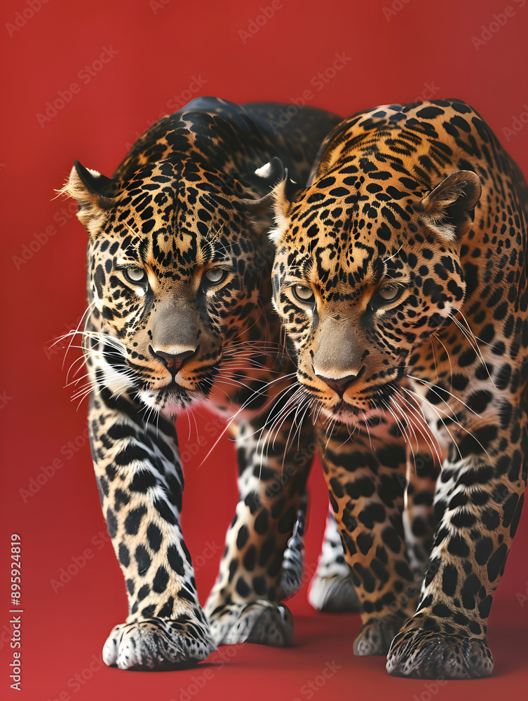Panther with White Spots and Leopard Walking Together Against Red Background Panther with White Spots and Leopard Walking Together Against Red Background
