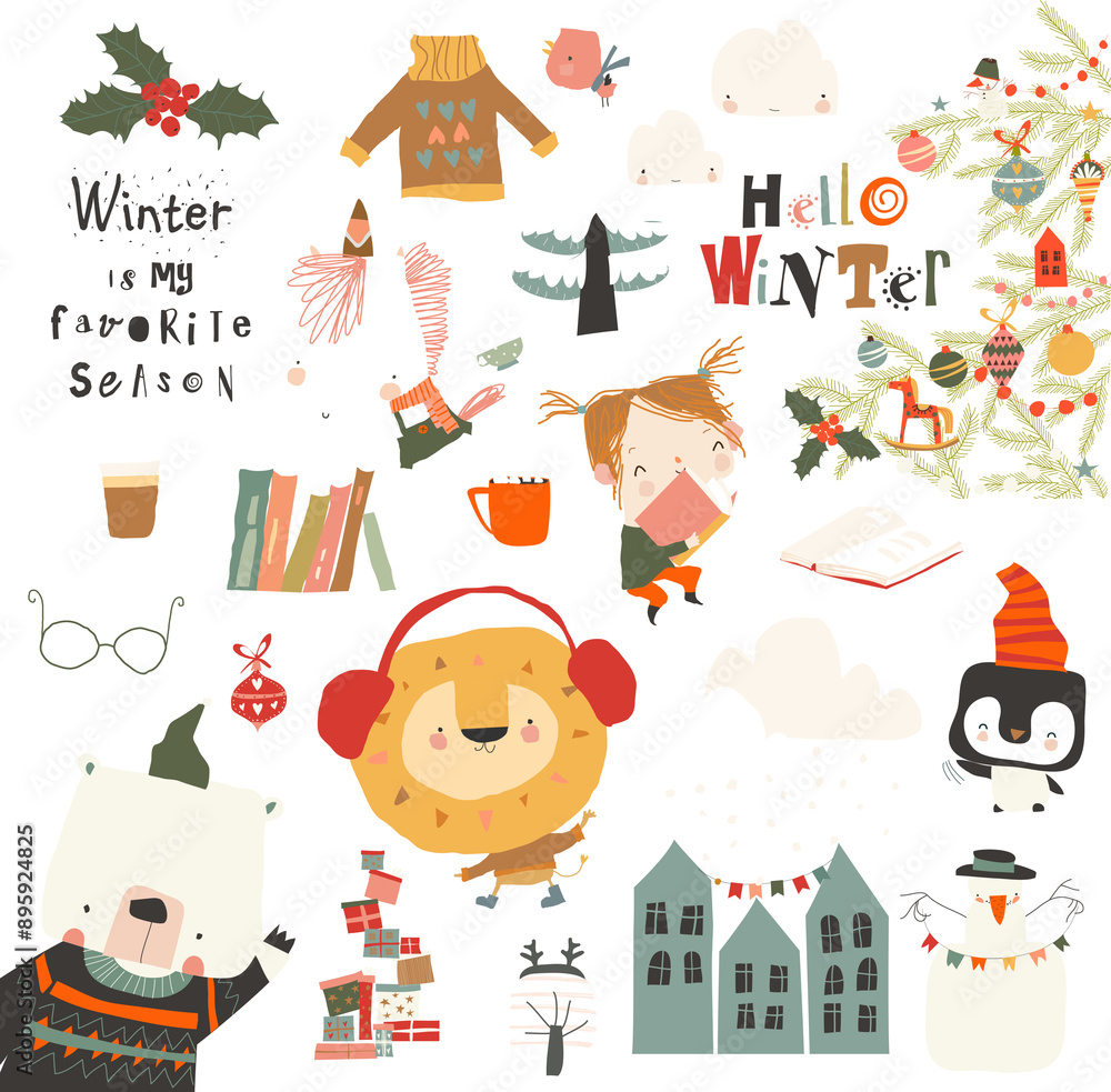 Naklejka premium Winter set with Cute Animals, Girl and Holiday Elements. Vector illustration