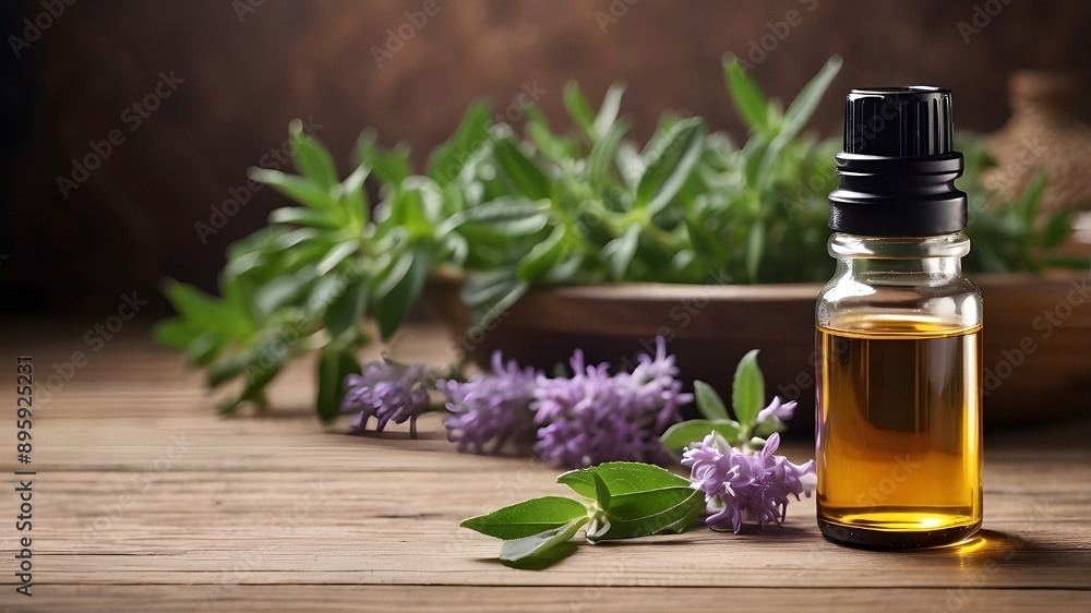 Premium grade essential oil bottle with hyssop, really lifelike photographic style, on wooden table Premium grade essential oil bottle with hyssop, really lifelike photographic style, on wooden table