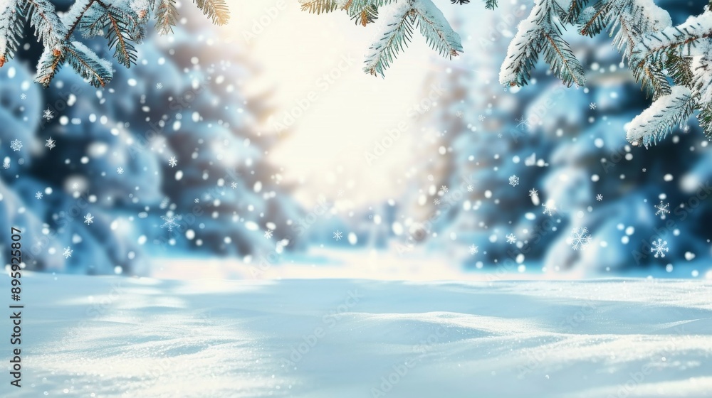 Beautiful landscape with snow covered trees and snowflakes. Merry Christmas and happy New Year greeting background with copy space Beautiful landscape with snow covered trees and snowflakes. Merry Christmas and happy New Year greeting background with copy space