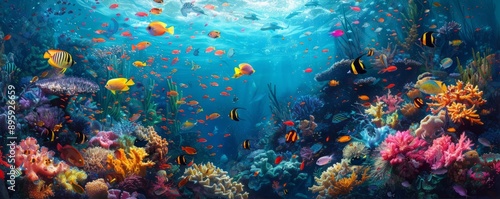 A vibrant coral reef teeming with colorful fish.