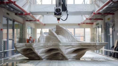 Fototapeta Naklejka Na Ścianę i Meble -  A 3D printer in action, extruding layers of concrete to construct a large-scale architectural structure.