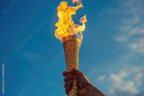 Hand holding a gold torch with the burning Olympic flame against a clear blue sky. Symbol of the international sports games