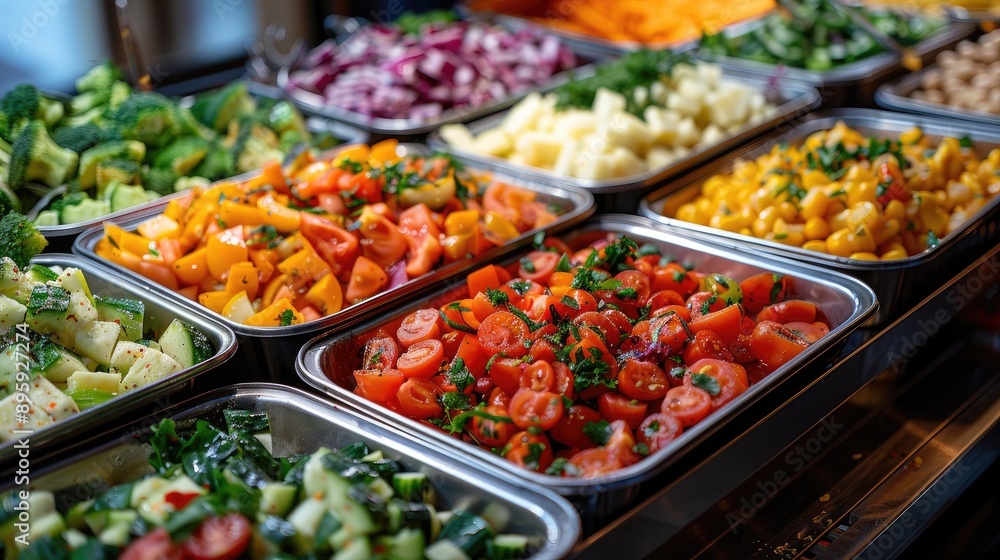 Catering meals prepared for guests at a wedding or hotel dinner. Healthy salads and other vegetables. Catering meals prepared for guests at a wedding or hotel dinner. Healthy salads and other vegetables.