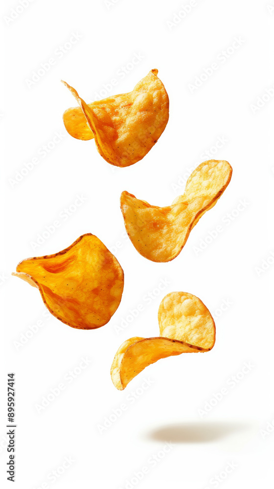 Crispy potato chips floating in air on white background. Snack food concept Crispy potato chips floating in air on white background. Snack food concept