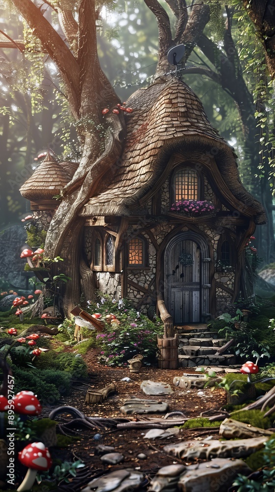 Obraz premium Enchanted Forest Fairy Tale Cottage, 4K hyperrealistic photo