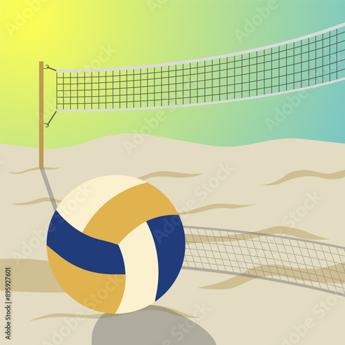 Vector illustration of a volleyball net and a ball on the sand. Beach volleyball.
